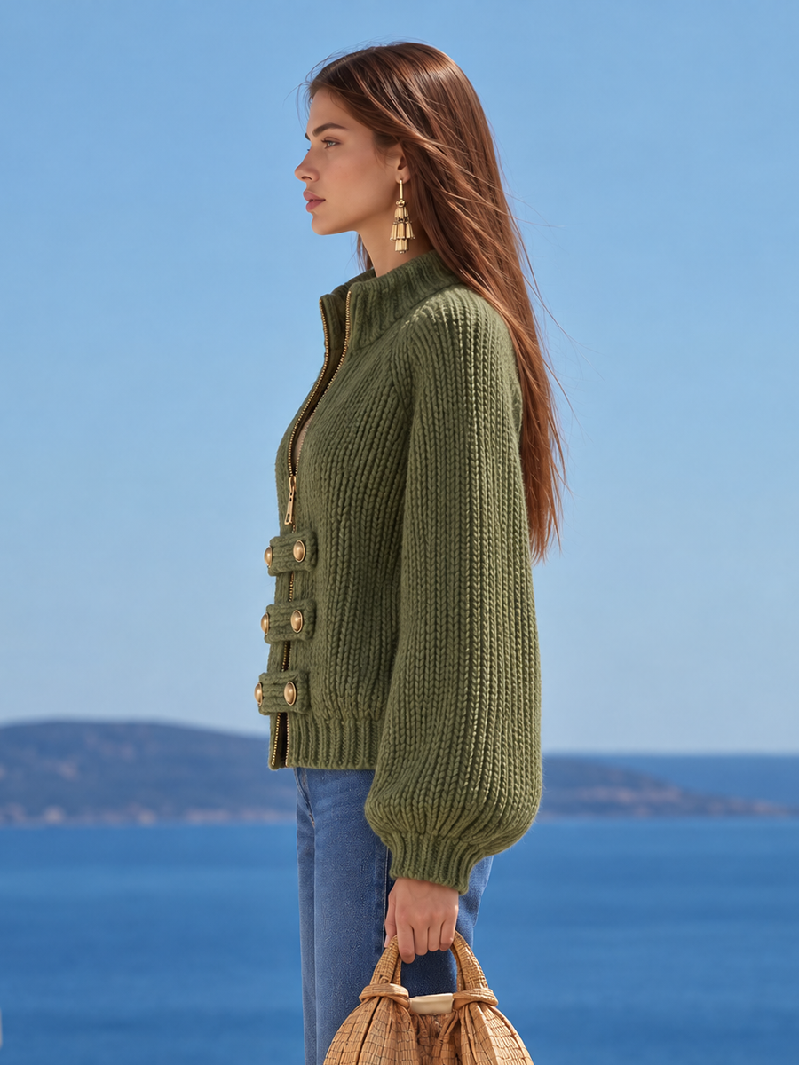 Resort-style Stand-up Collar Button-down Long-sleeved Knitted Cardigan