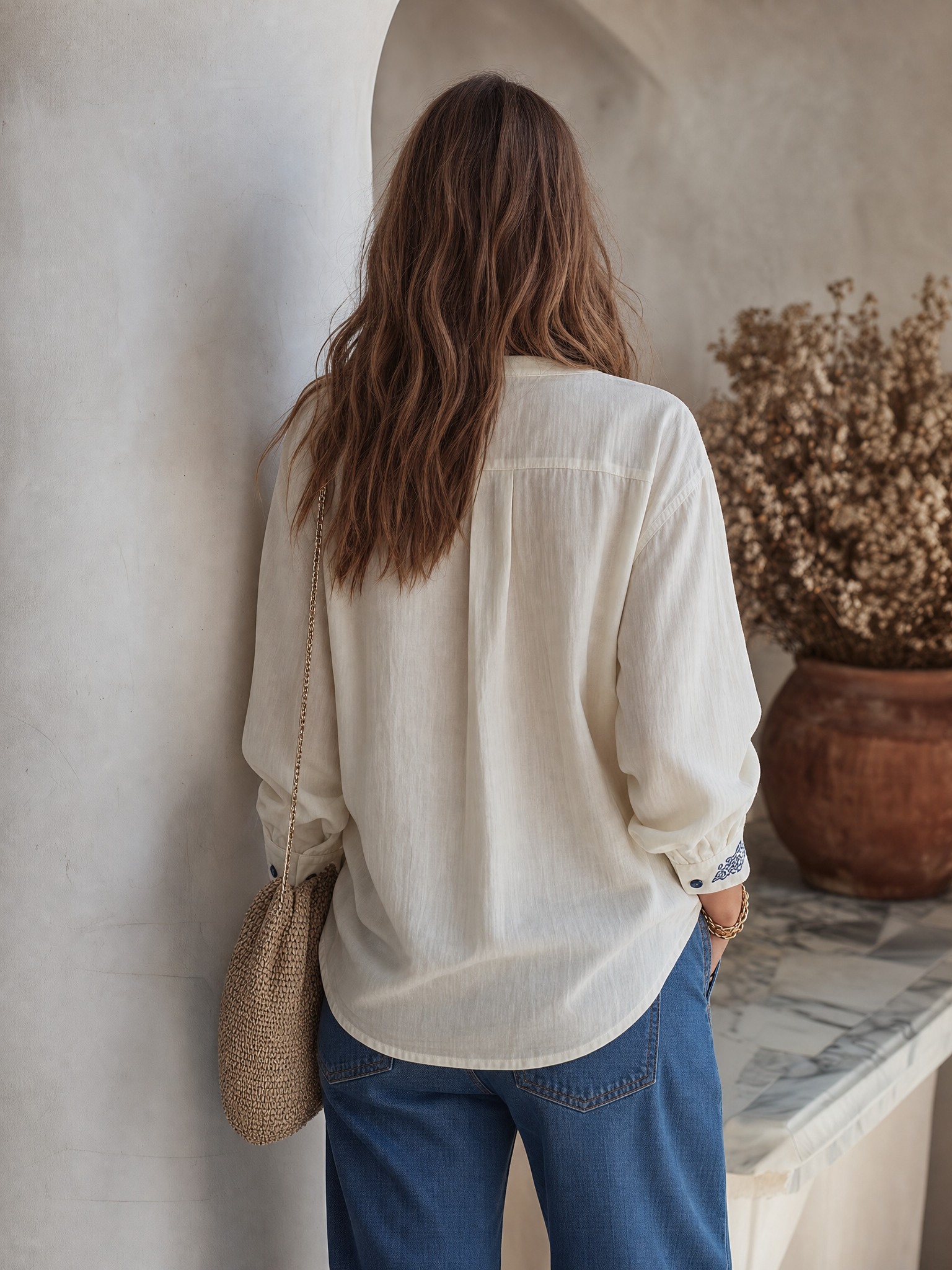 Resort-style V-neck Long-sleeve Embroidered Button-down Shirt