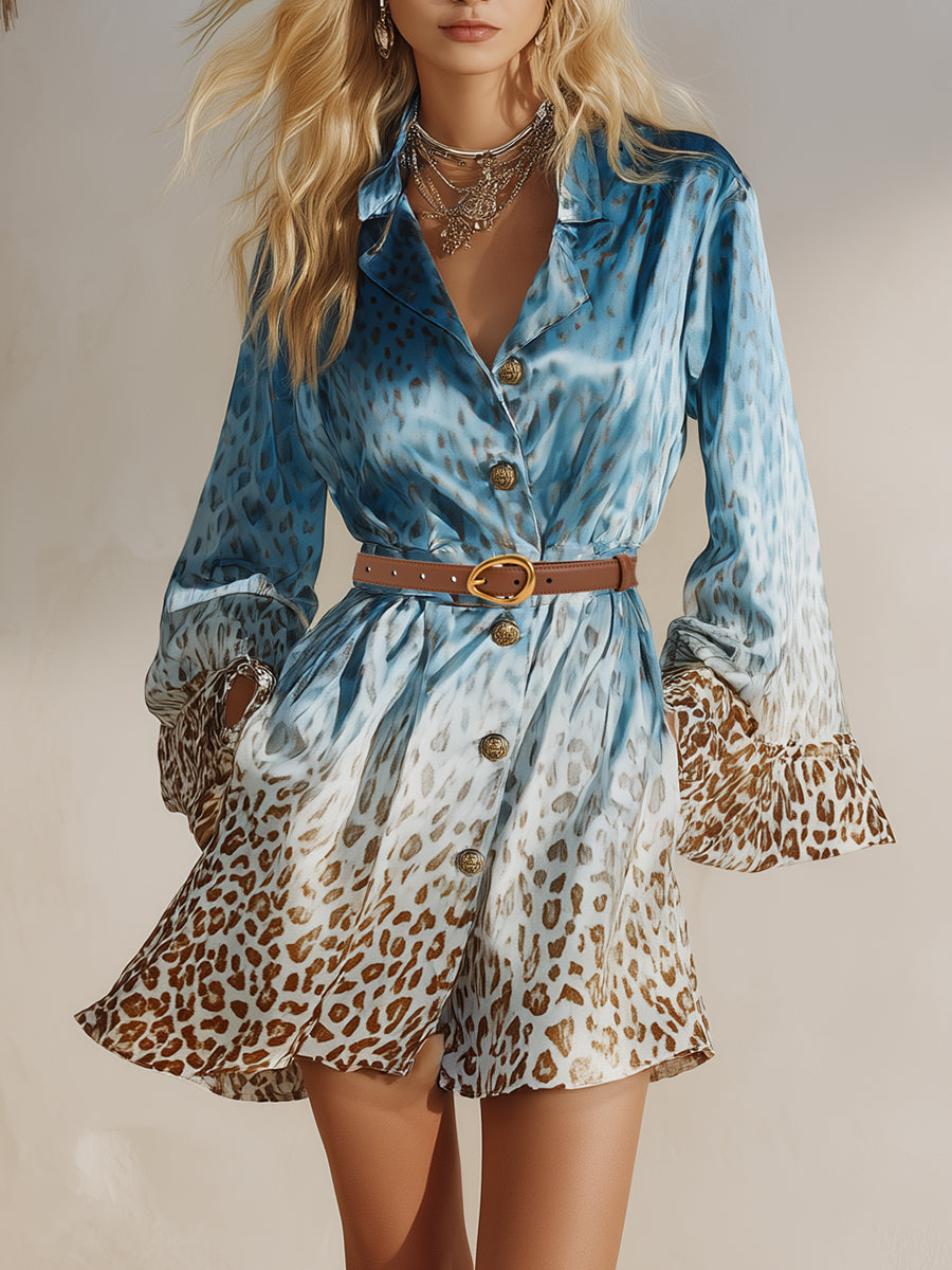 Bohemian Blue-brown Leopard Print Satin Flared Sleeve Shirt Mini Dress