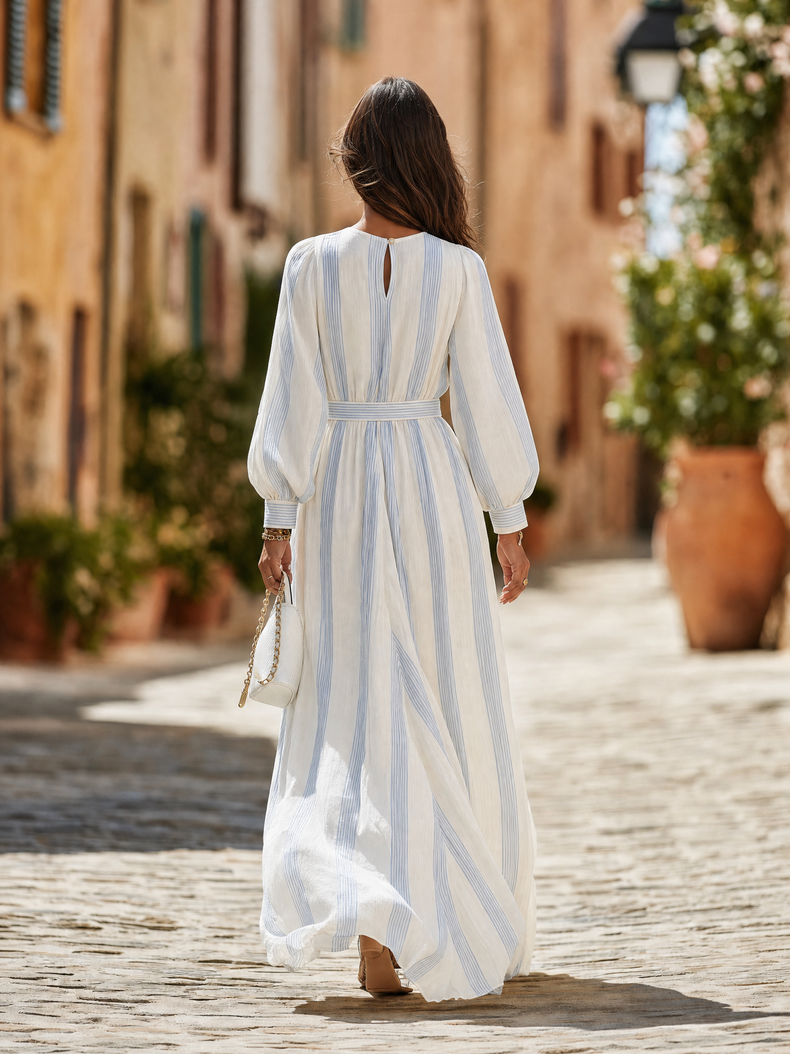 Resort-style Round Neck Long Sleeve Striped A-line Maxi Dress