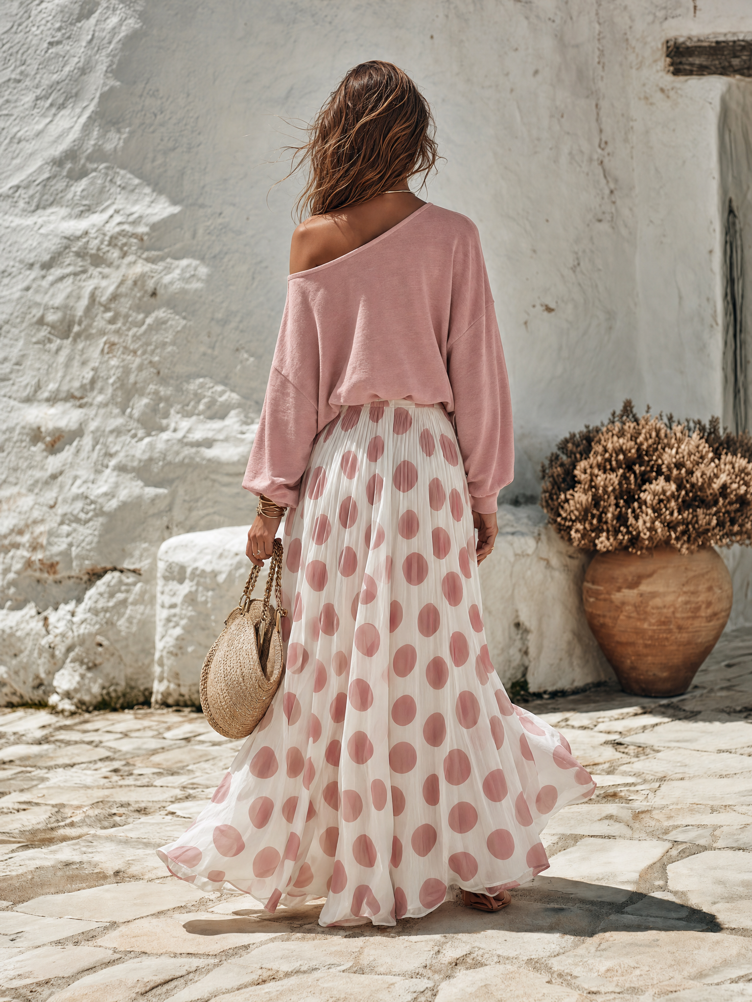 Resort-style One-shoulder Long-sleeve Top And Polka-dot Print Skirt Set