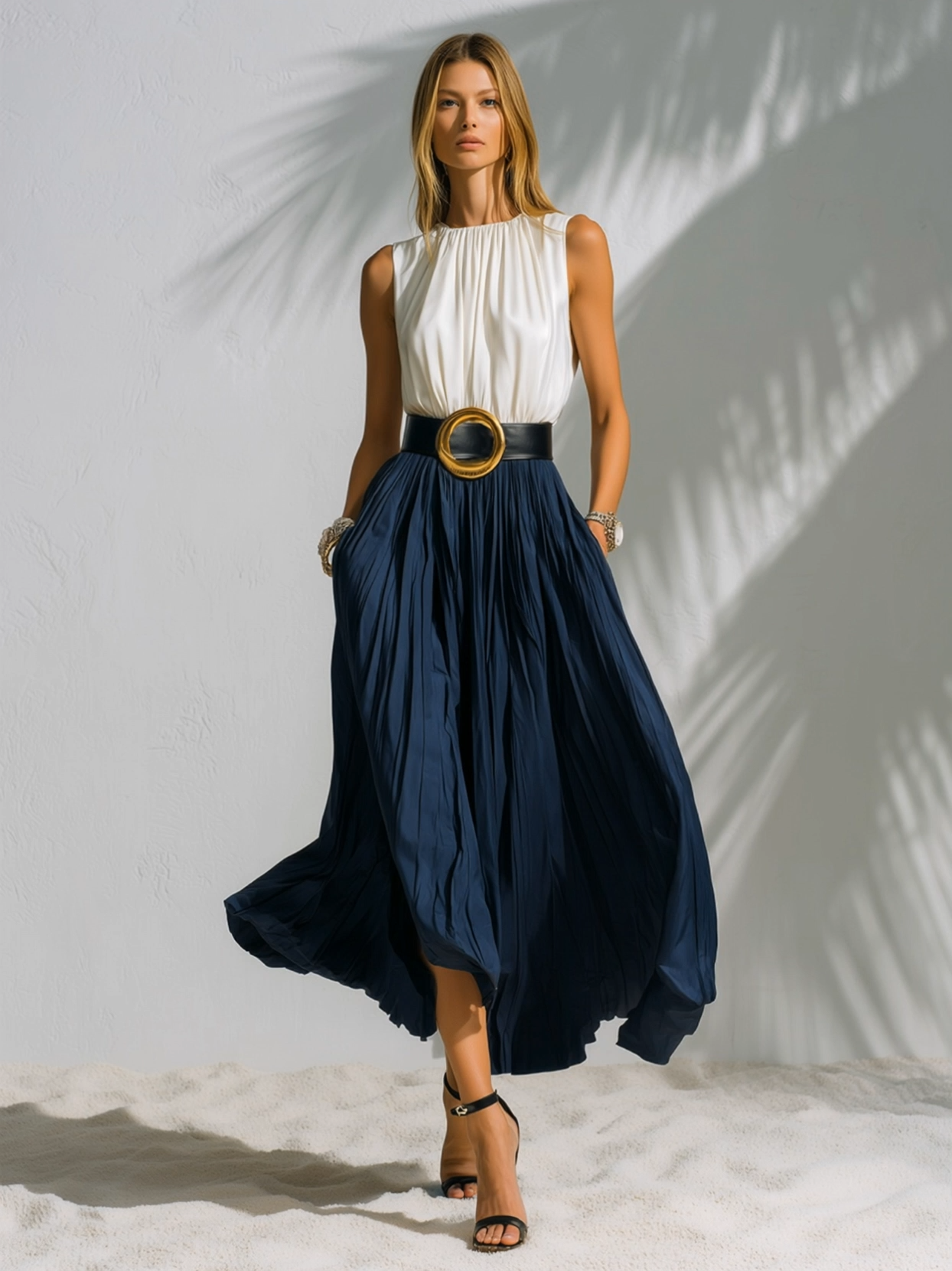 Elegant Vacation-style White Sleeveless Patchwork Navy Blue Pleated Midi Dress