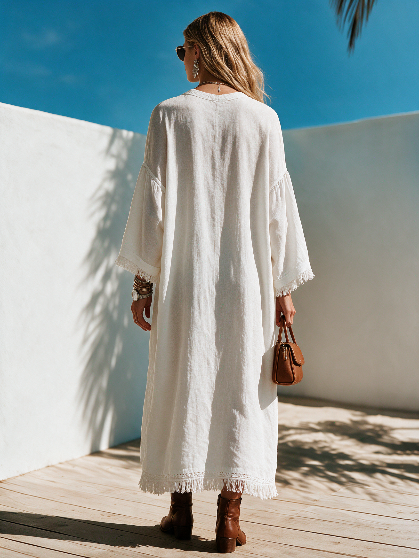 Bohemian White Cotton Linen V-neck Lace Tassel Long Sleeve Mini Dress