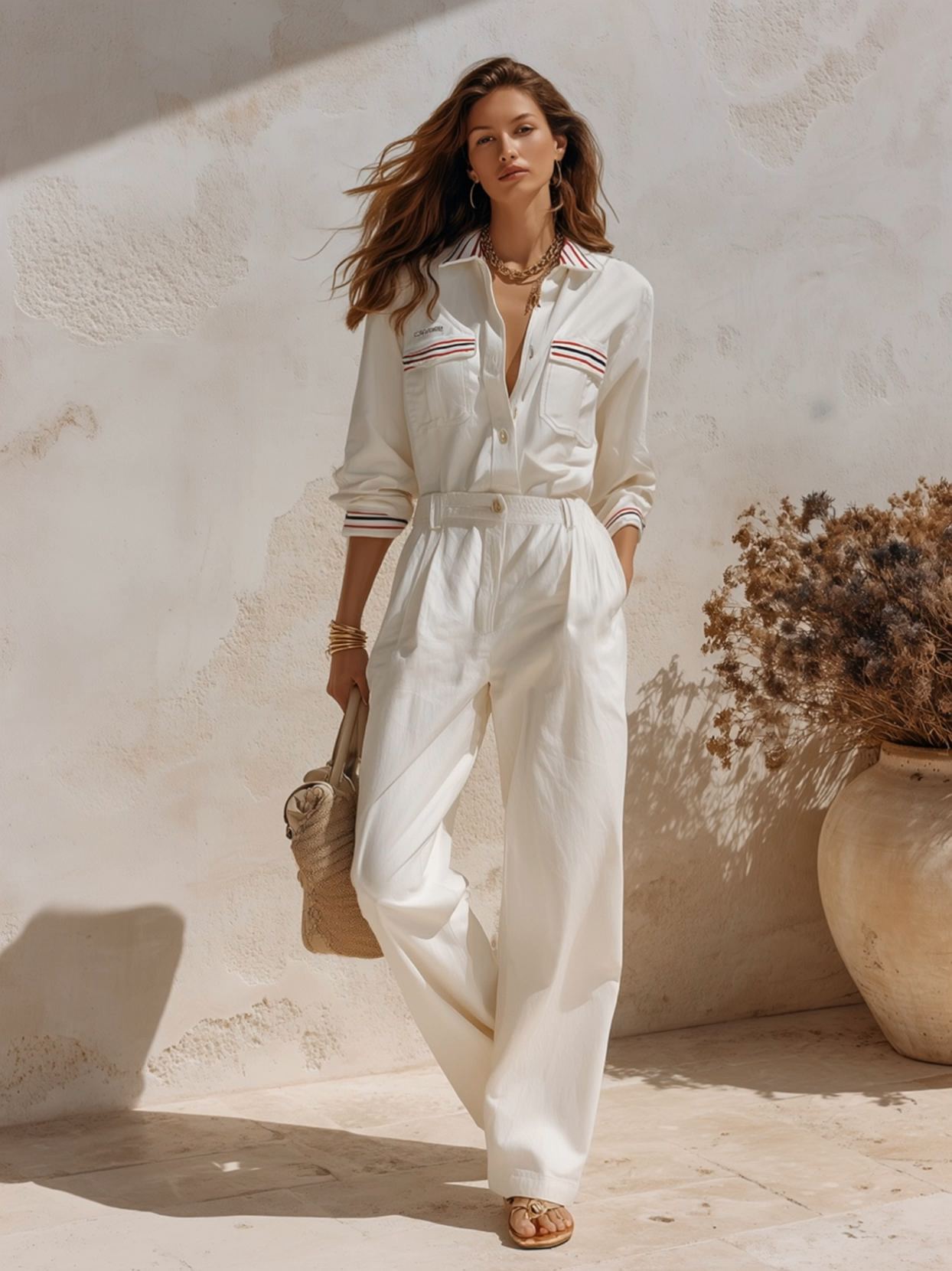 Resort-style Long-sleeve Featuring Collar Contrasting Striped Trim Top And Trousers Set