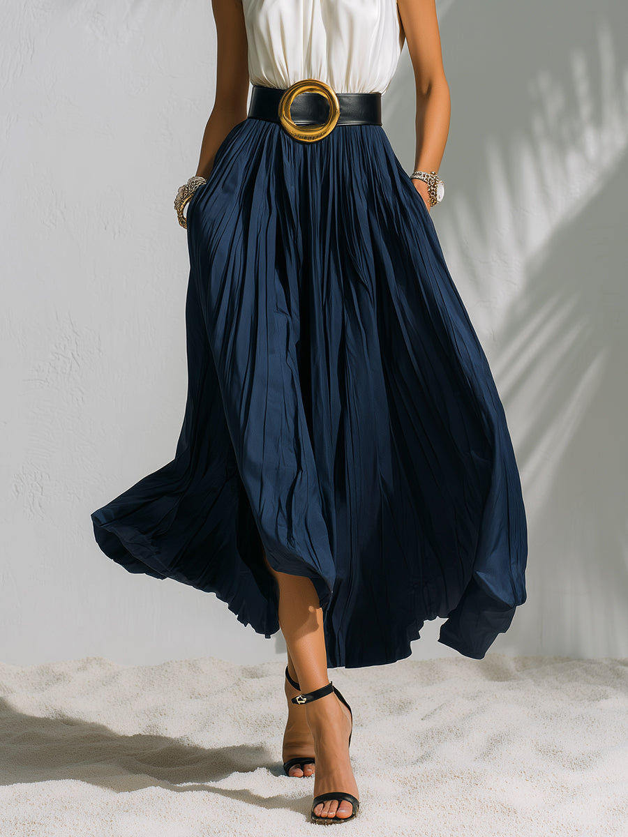 Elegant Vacation-style White Sleeveless Patchwork Navy Blue Pleated Midi Dress