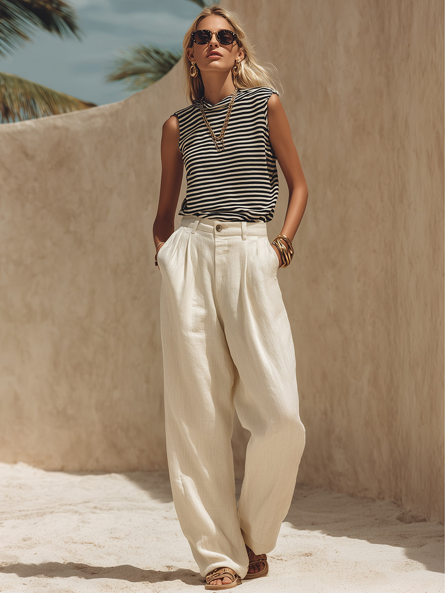 Minimalist Coastal Black And White Sleeveless Top And Off-White Wide-Leg Pants Set