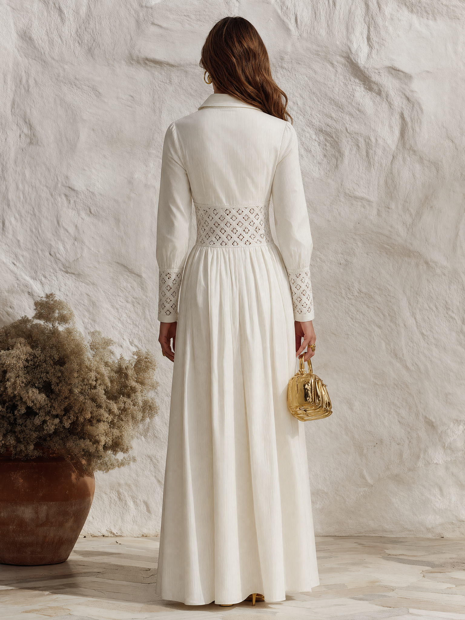 Resort-style V-neck Long-sleeved Striped Patchwork Knit Maxi Dress