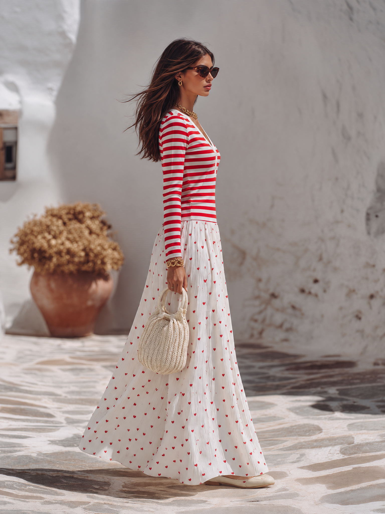 Vacation-style Striped Long-sleeve V-neck Top And Heart-print Chiffon Skirt Set