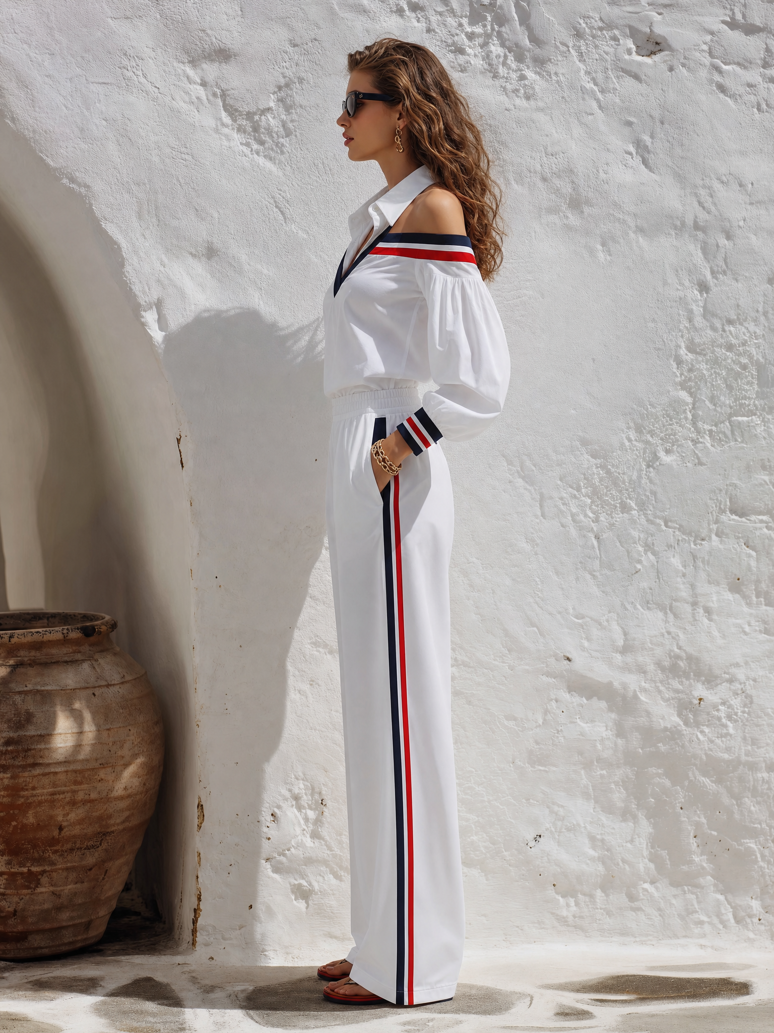 Retro-chic Cut Out Shoulder Color Block Trim Shirt And Wide-leg Trousers Set