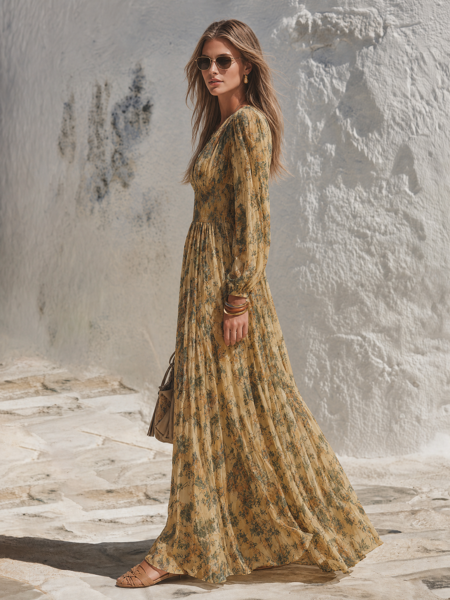 Resort-style V-neck Long-sleeved Abstract Print Maxi Dress