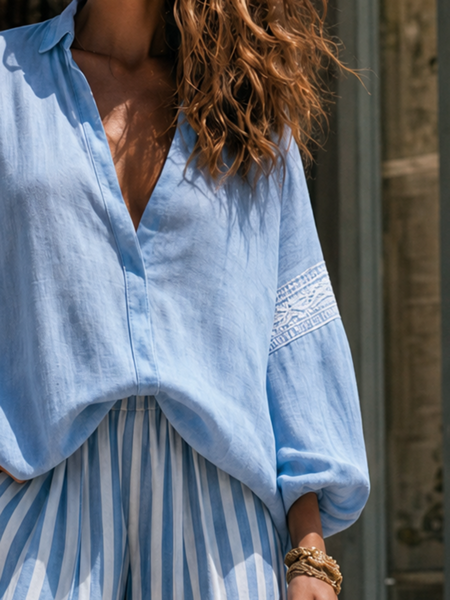 Relaxed Sky Blue Embroidered Blouse And Striped Wide-Leg Trousers Set