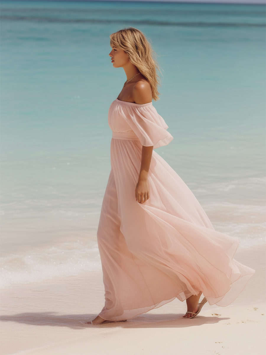 Pink Resort-style Chiffon Off-the-shoulder Short-sleeved Maxi Dress