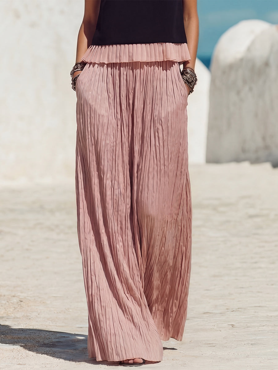 Casual Vacation Style Black Patchwork Pink Ruffled Sleeveless Top And Pink Ruffled Trousers Set