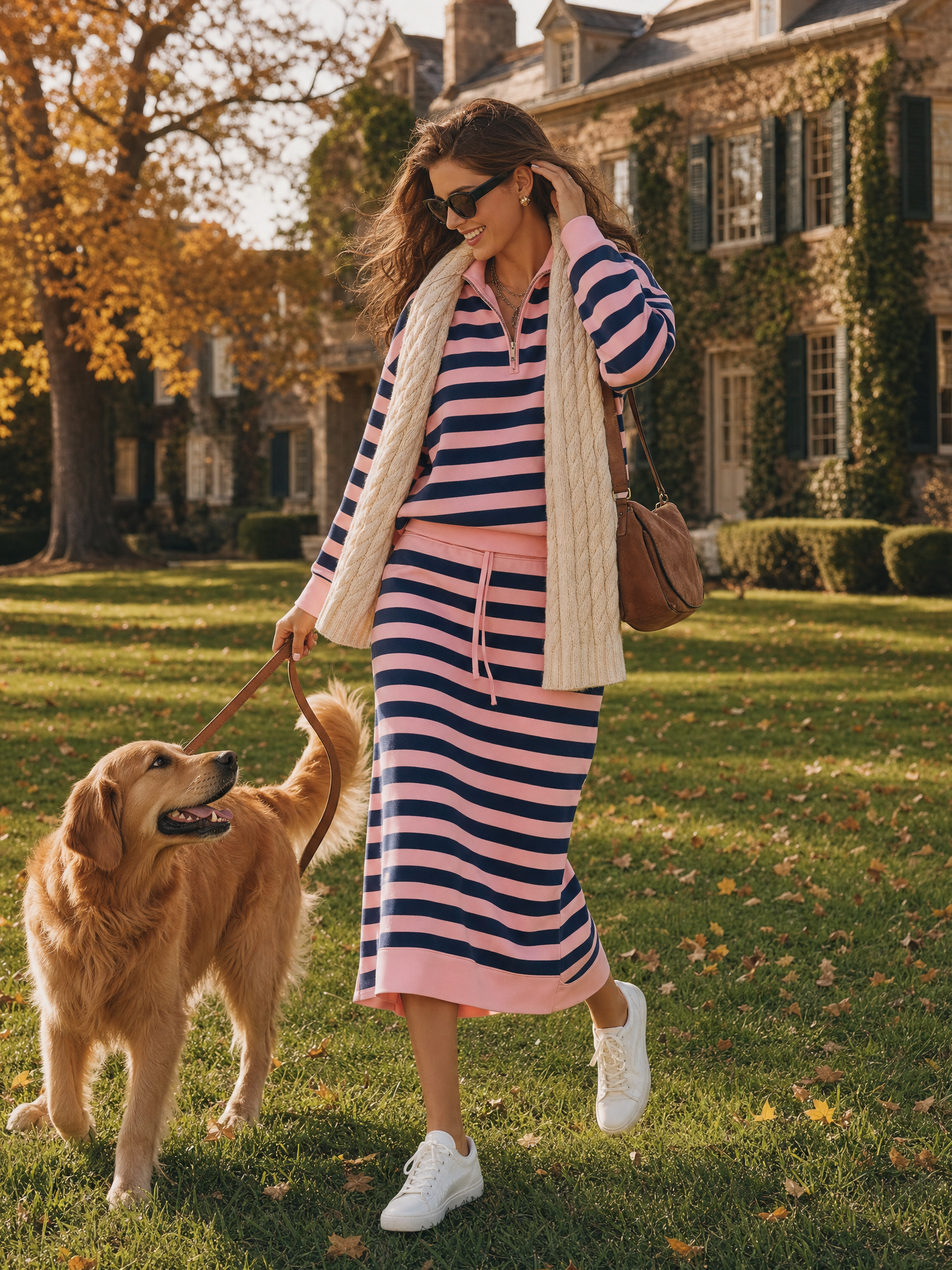 Retro Color-blocked Striped Half-zip Stand Collar Sweatshirt And Skirt Set