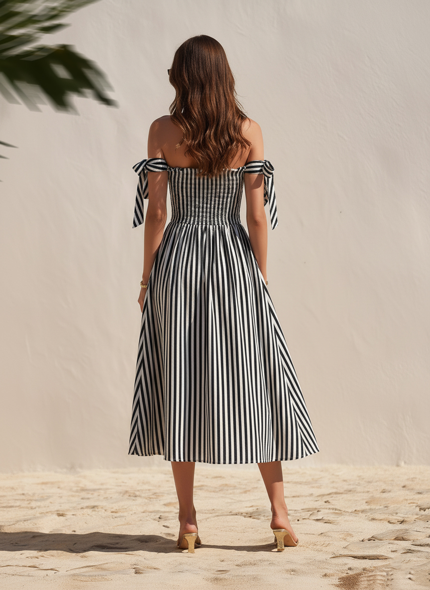 Casual Vacation Off-Shoulder Black White Striped Cotton Midi Dress