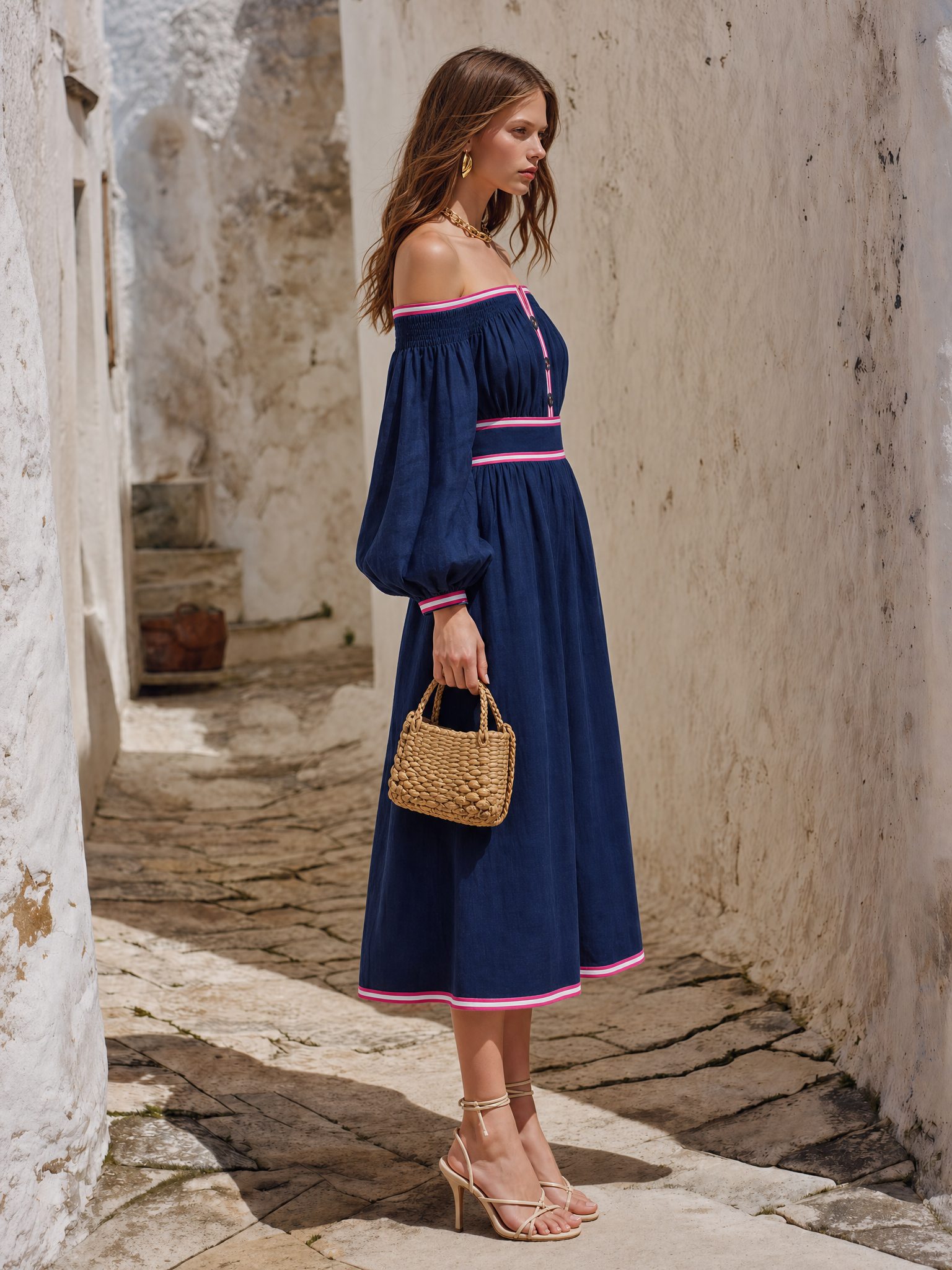 Resort-style Off-the-shoulder Long-sleeved Color-blocked Trim Midi Dress 