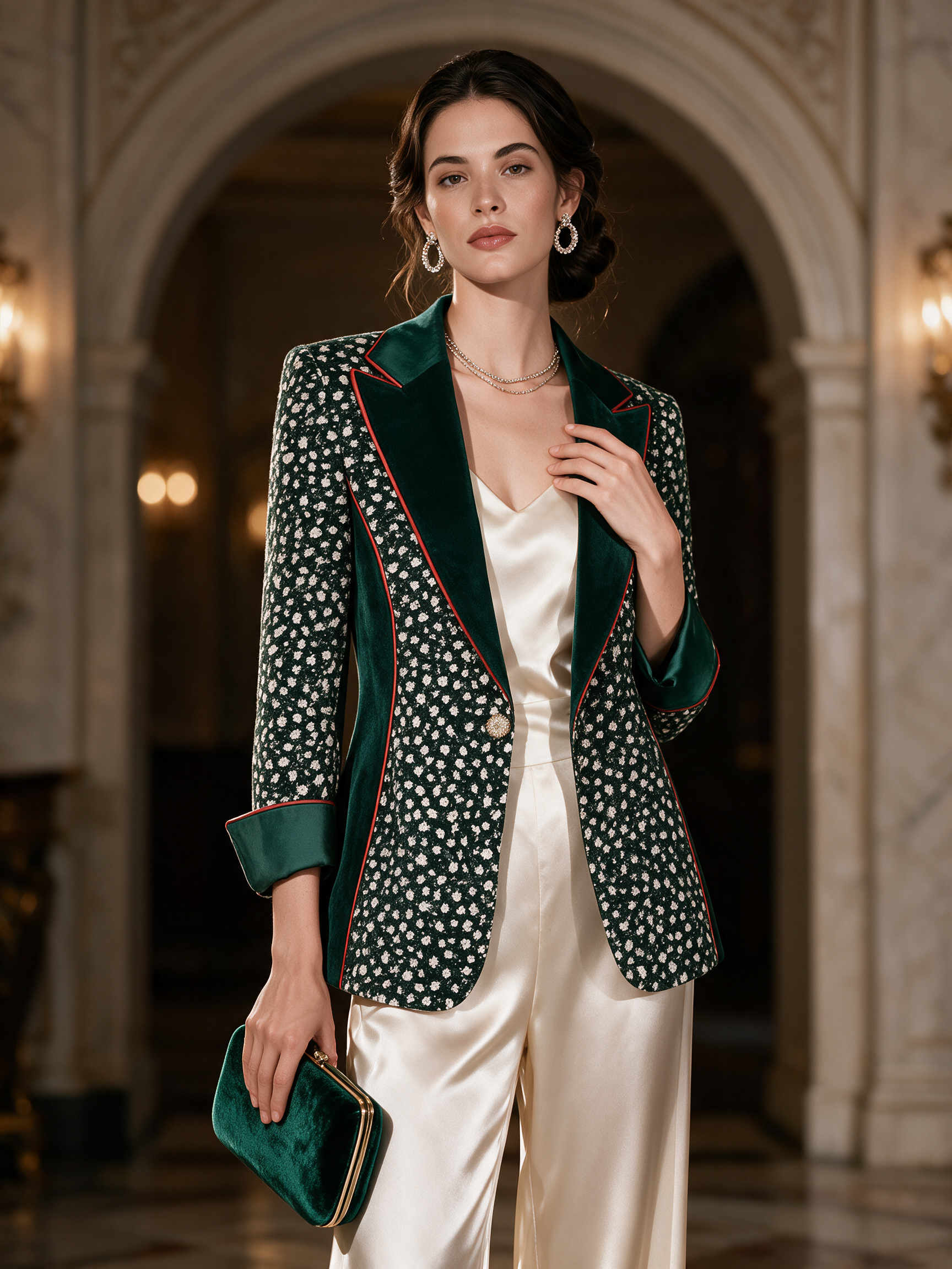 Vintage Velvet Trim Collar Ditsy Floral Print Emerald Green Blazer