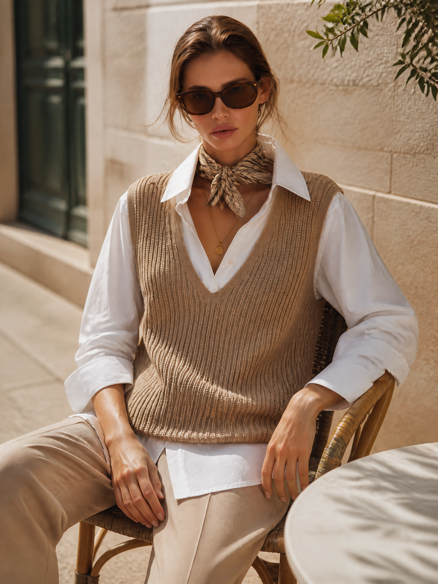Old Money Luxury Oatmeal Knit Vest Layered White Shirt Chic Resort Top Set