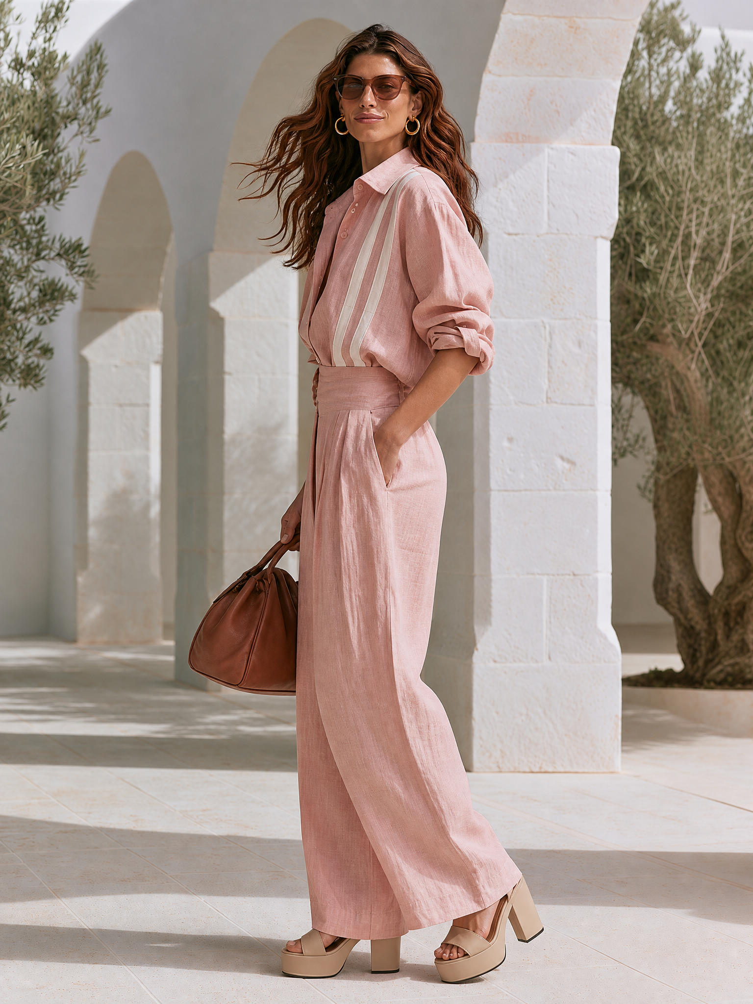 Casual Long-sleeve Shirt And Wide-leg Trousers Set