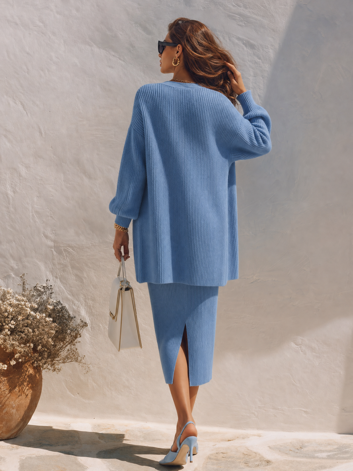 Elegant Minimalist Solid Color Knit Cardigan And Knit Midi Skirt Two-piece Set