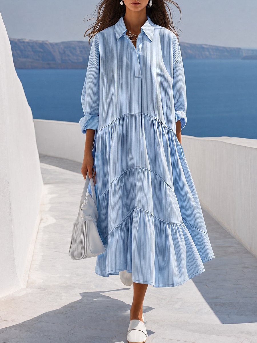 Elegant Blue Striped Collared Tiered Midi Dress