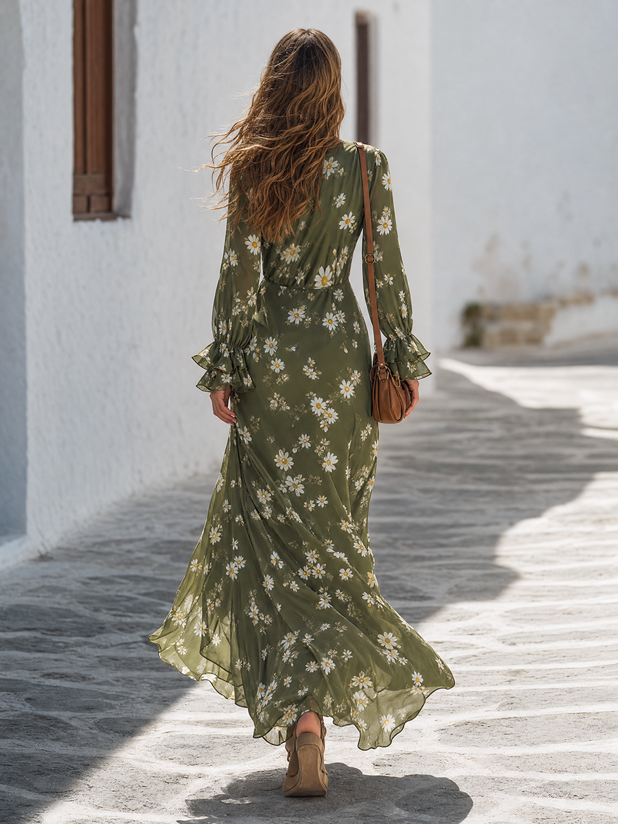 Boho Olive Green Daisy Floral V-Neck Long Sleeve Twist-Front Flowy Maxi Dress