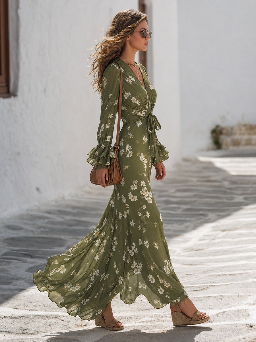 Boho Olive Green Daisy Floral V-Neck Long Sleeve Twist-Front Flowy Maxi Dress