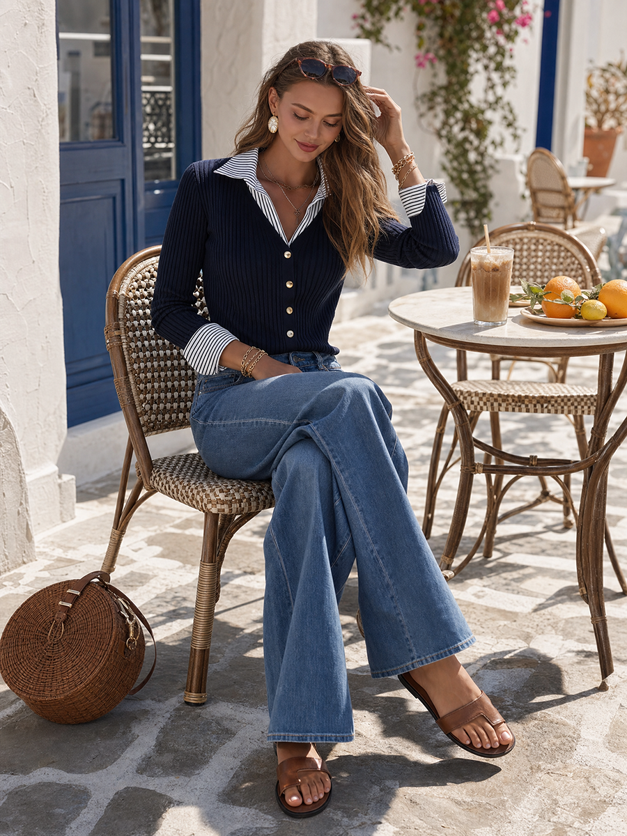 Navy Ribbed Contrast-Collar Gold-Button Slim-Fit Resort Knit Cardigan