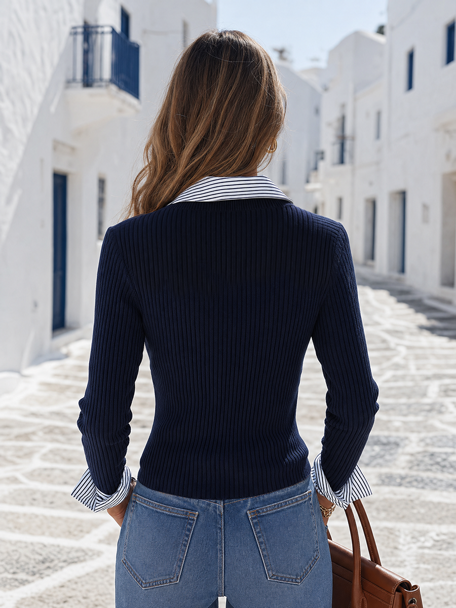 Navy Ribbed Contrast-Collar Gold-Button Slim-Fit Resort Knit Cardigan