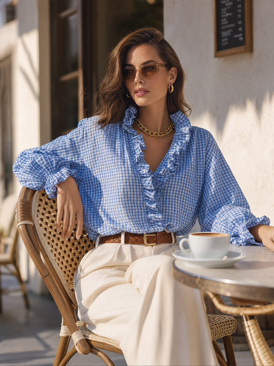 Sky Blue Gingham Ruffle-Trim V-Neck Balloon Sleeve Resort Shirt