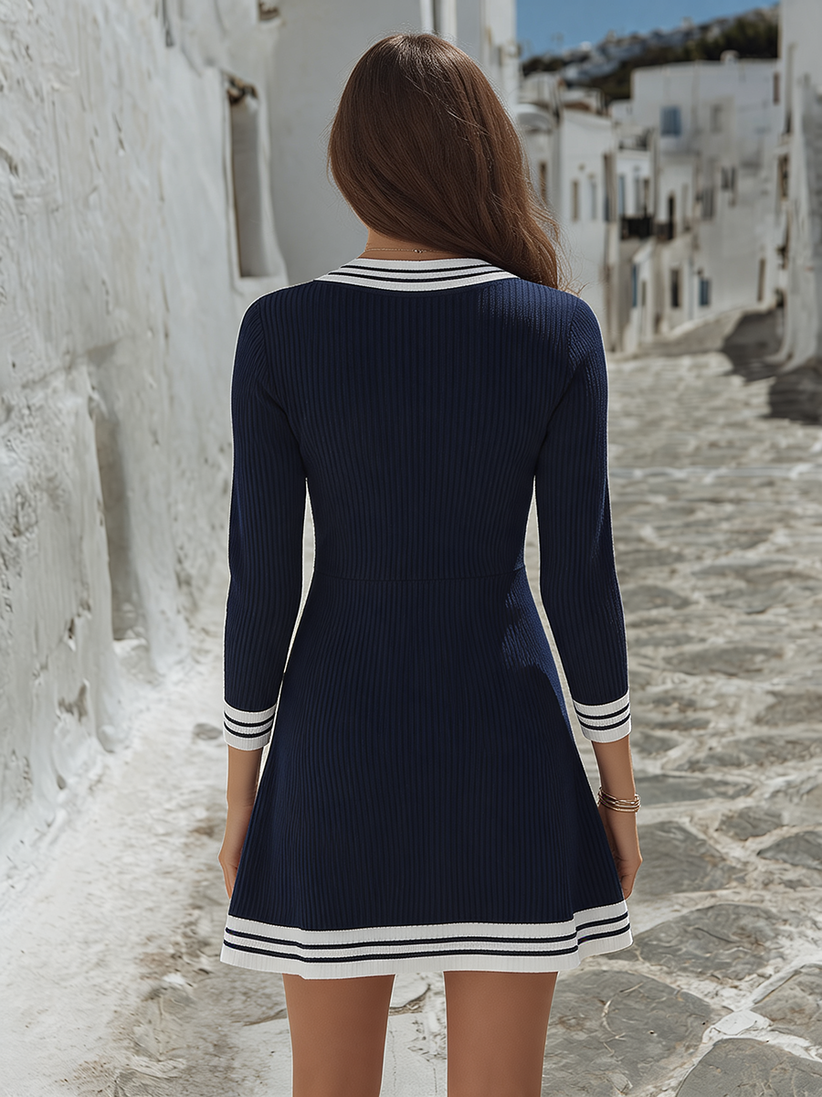 Nautical Navy Ribbed V-Neck Gold-Button Contrast-Trim Long Sleeve Mini Dress