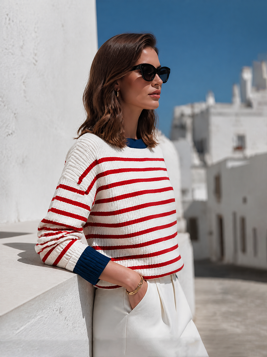 Nautical White And Red Stripe Contrast-Cuff Crew-Neck Relaxed Fit Knit Sweater