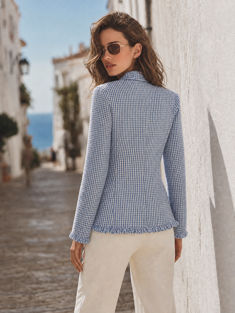 Sky Blue Gingham Ruffle-Trim Single-Button Tailored Resort Blazer