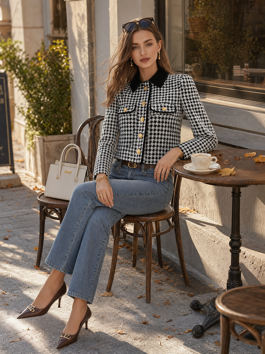 Black And Ivory Houndstooth Gold-Button Cropped Tweed Resort Jacket