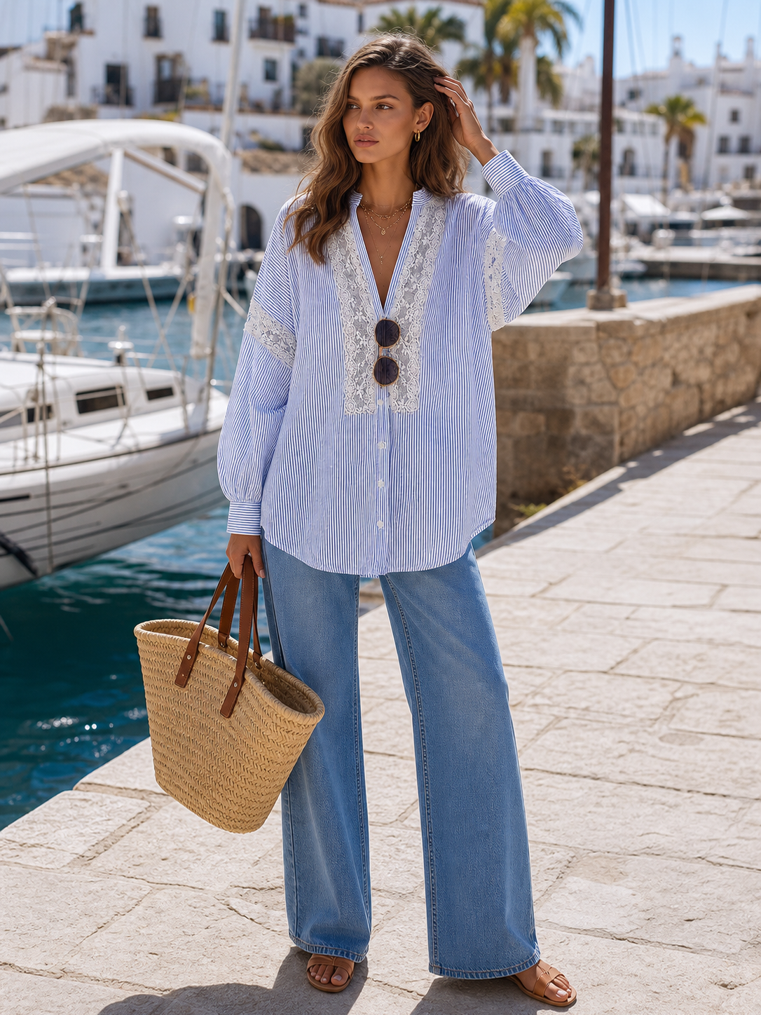 Sky Blue Pinstripe Lace-Trim Split-Neck Relaxed Balloon Sleeve Resort Shirt
