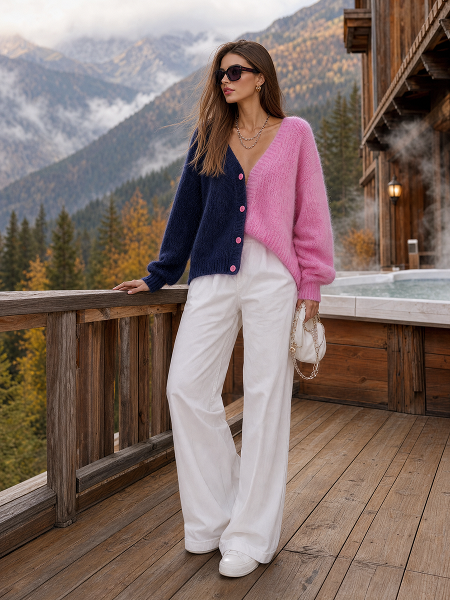 Navy And Bubblegum Pink Colorblock Fuzzy V-Neck Button-Front Oversized Knit Cardigan