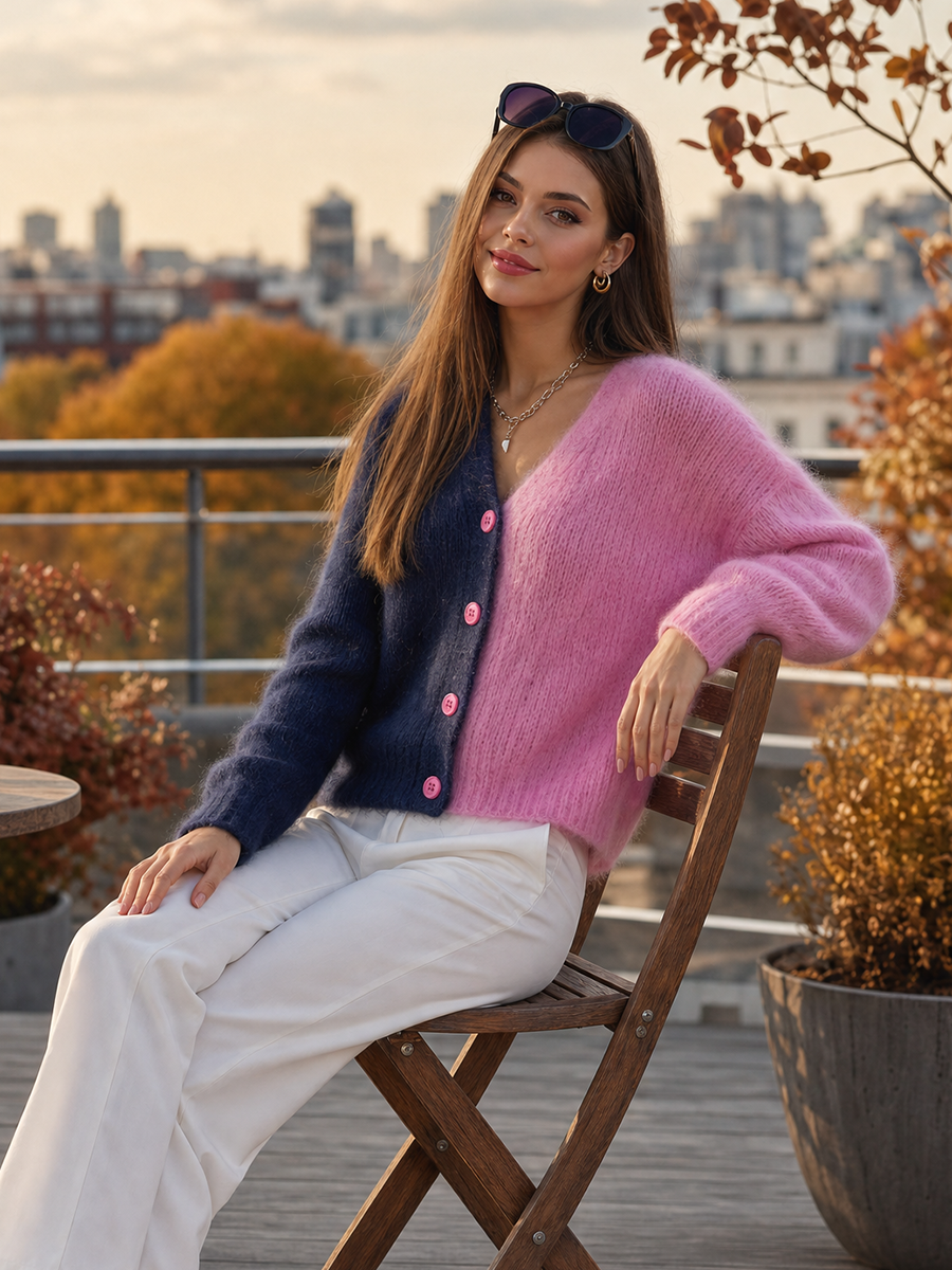 Navy And Bubblegum Pink Colorblock Fuzzy V-Neck Button-Front Oversized Knit Cardigan