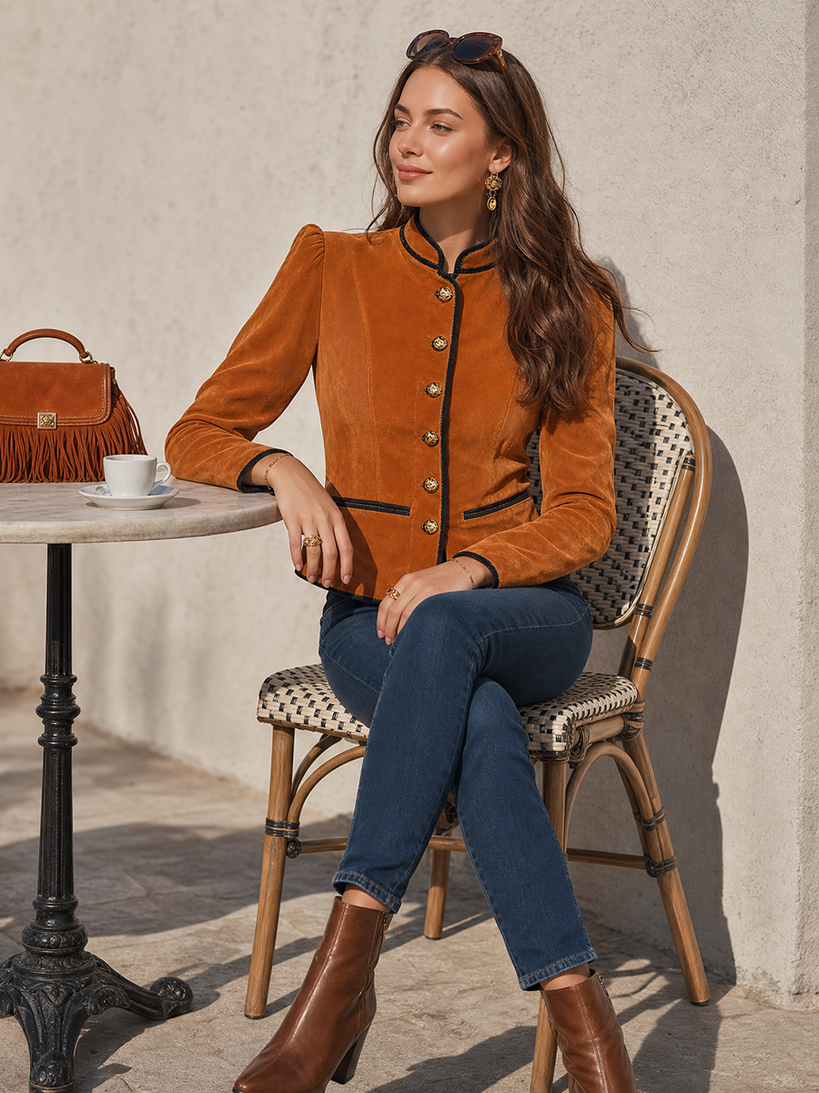 Rust Faux Suede-Feel Mandarin Collar Gold-Button Contrast-Piped Tailored Cropped Jacket