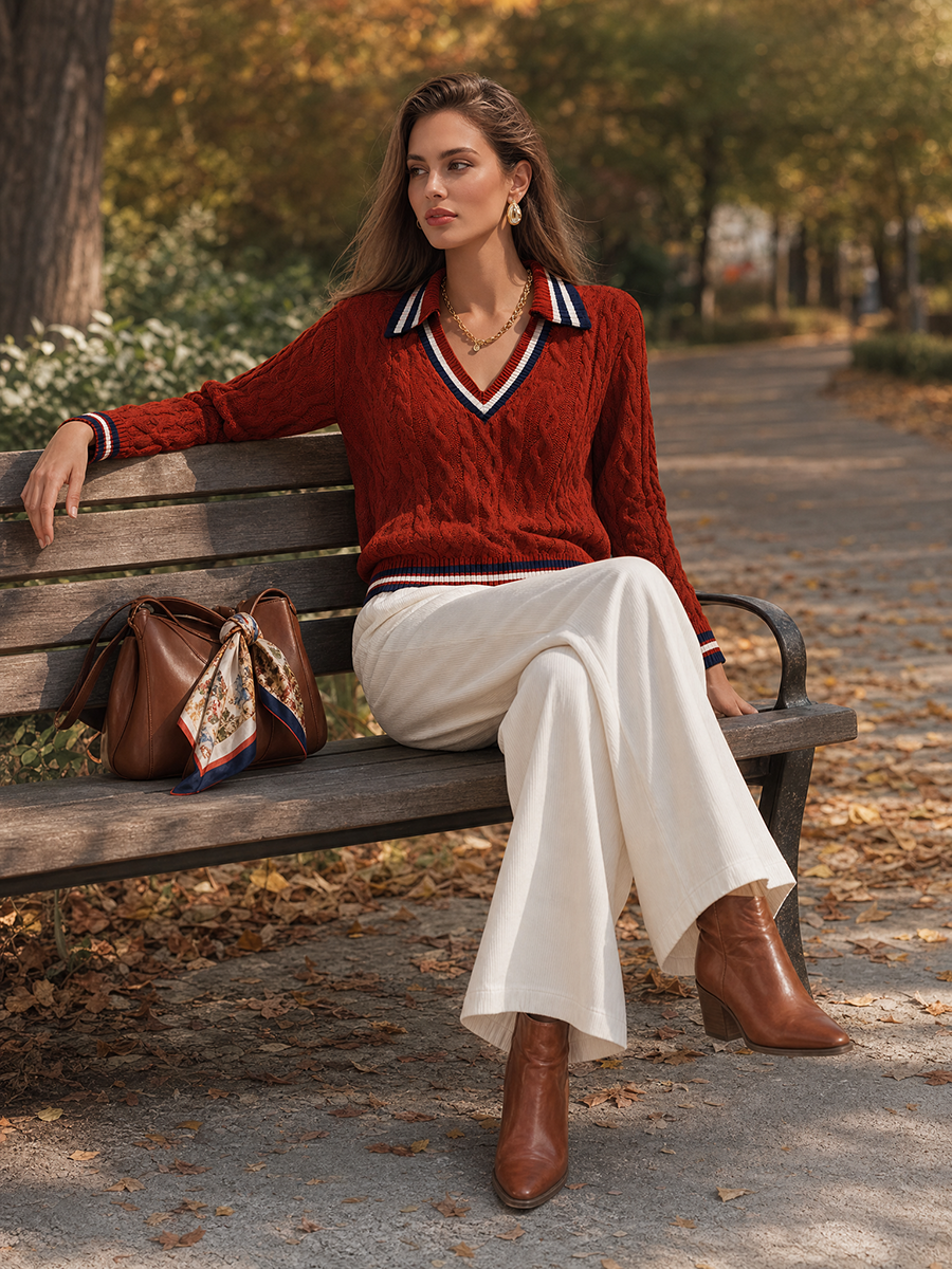 Rust Red Cable-Knit Contrast-Collar V-Neck Striped Trim Resort Sweater