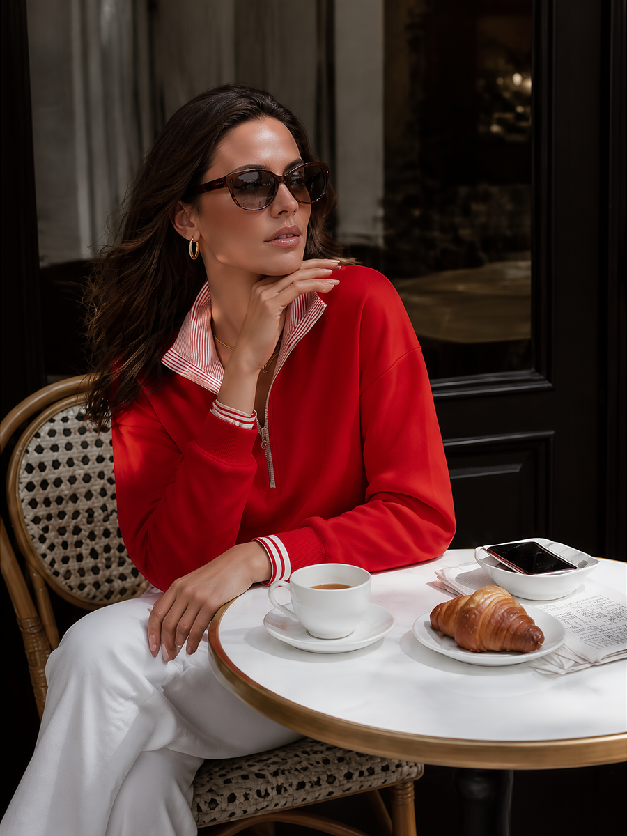 Vibrant Red Half-Zip Contrast-Stripe Collar Relaxed Resort Knit Sweater