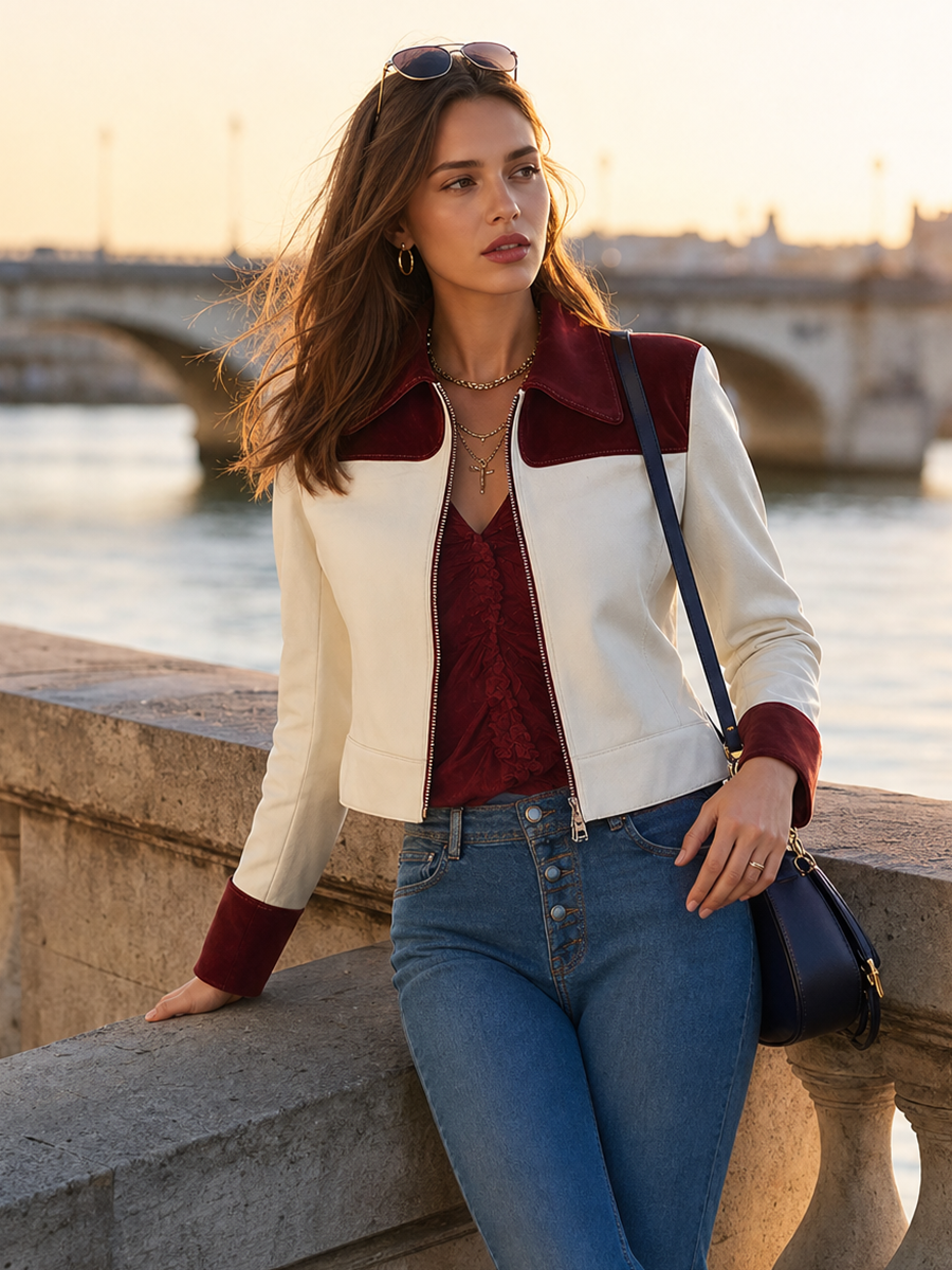 Ivory And Burgundy Contrast-Collar Zip-Front Cropped Faux Leather Resort Jacket