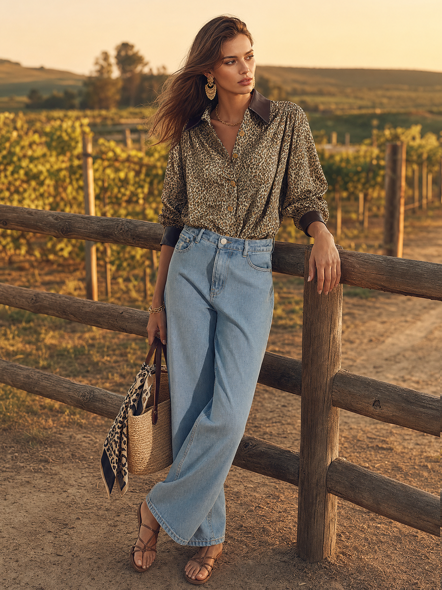 Old Money Luxe Leopard Print Contrast-Collar Button-Front Relaxed Resort Shirt