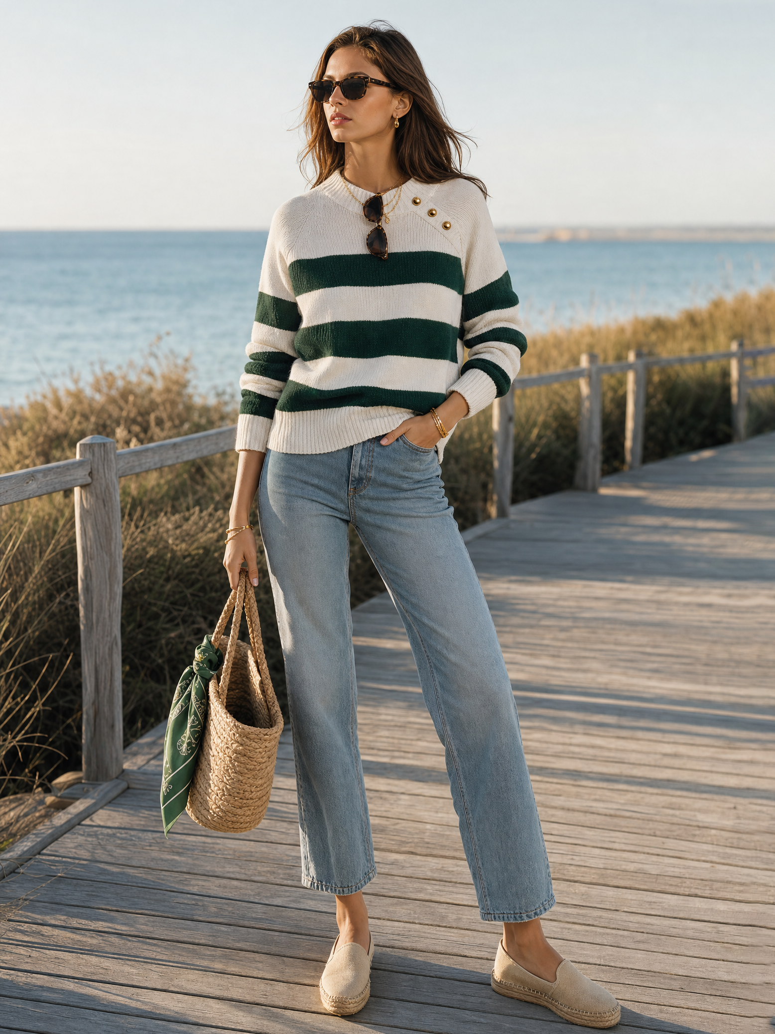 Ivory And Forest Green Breton Stripe Gold-Button Shoulder Detail Relaxed Resort Sweater