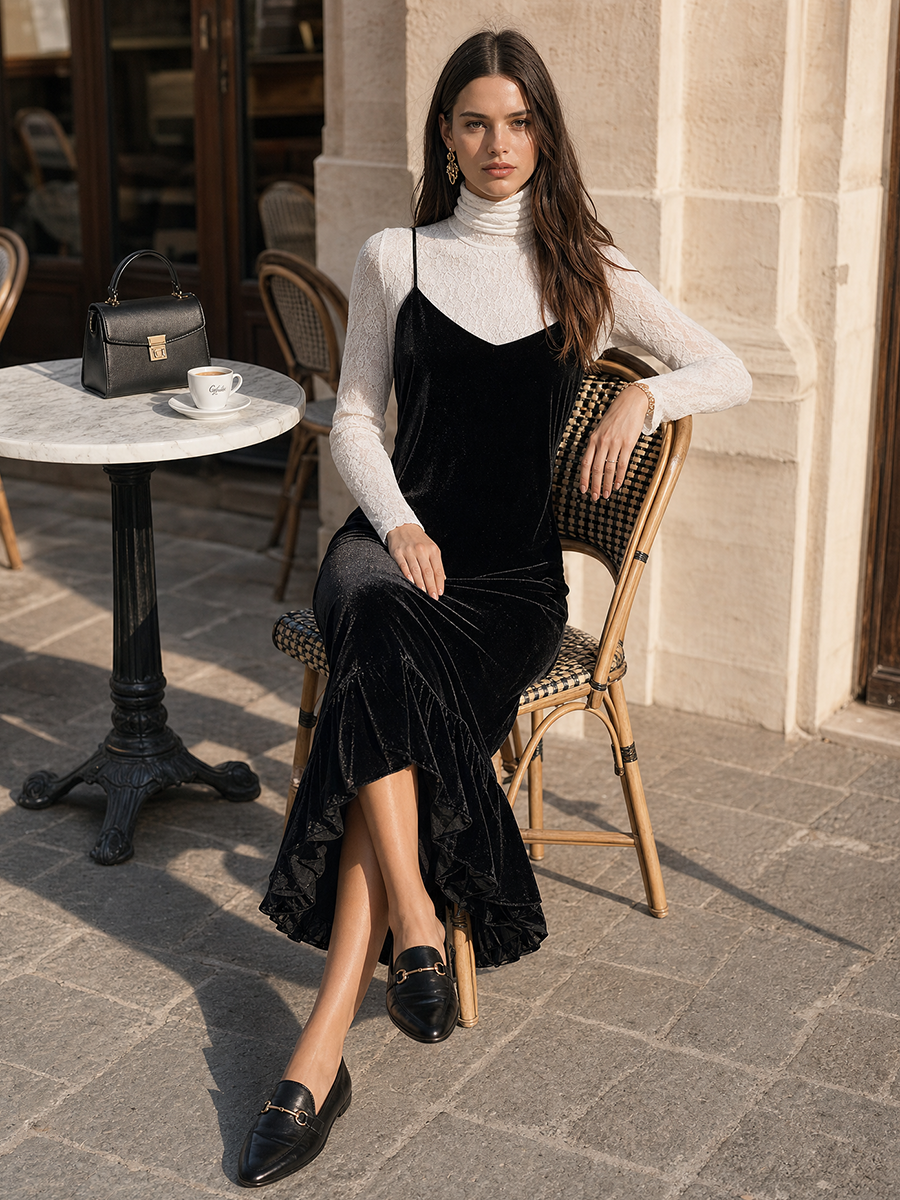 Elegant Black Velvet Slip Dress Layered With White Lace Turtleneck Long Sleeve Dress Set