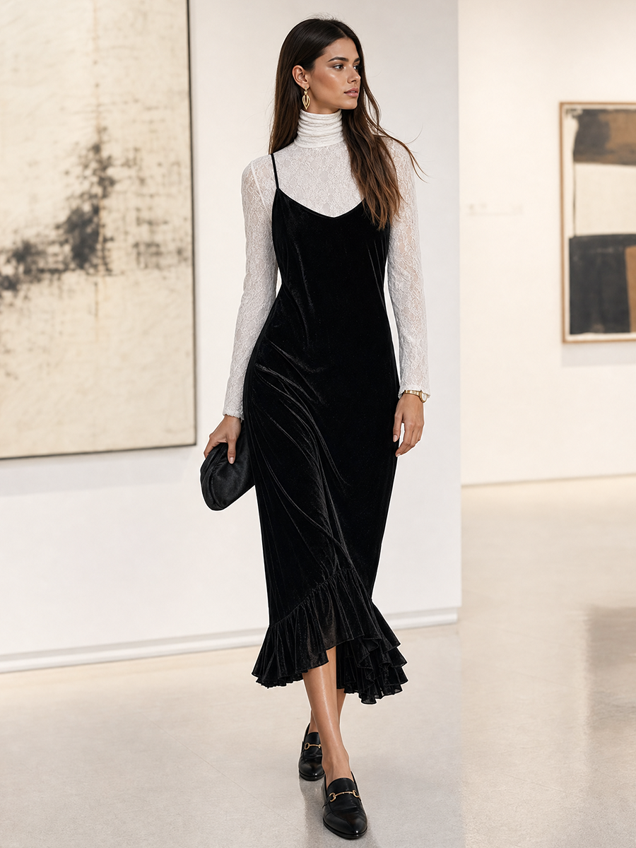 Elegant Black Velvet Slip Dress Layered With White Lace Turtleneck Long Sleeve Dress Set