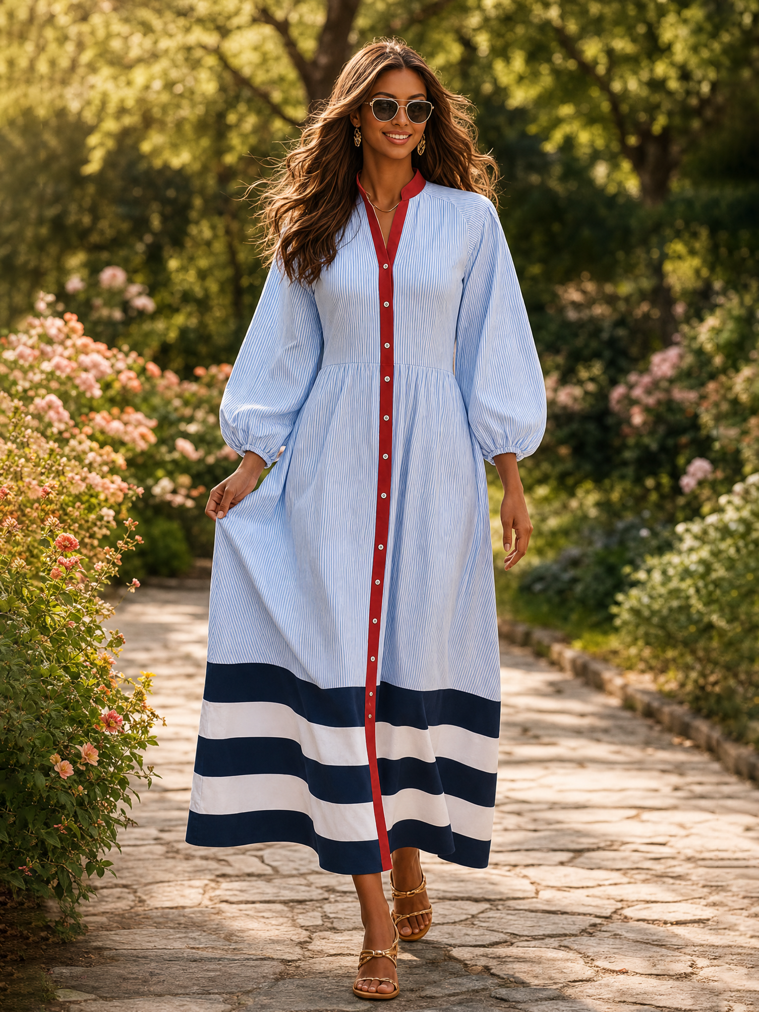 Retro-design Color-blocked Striped Midi Dress