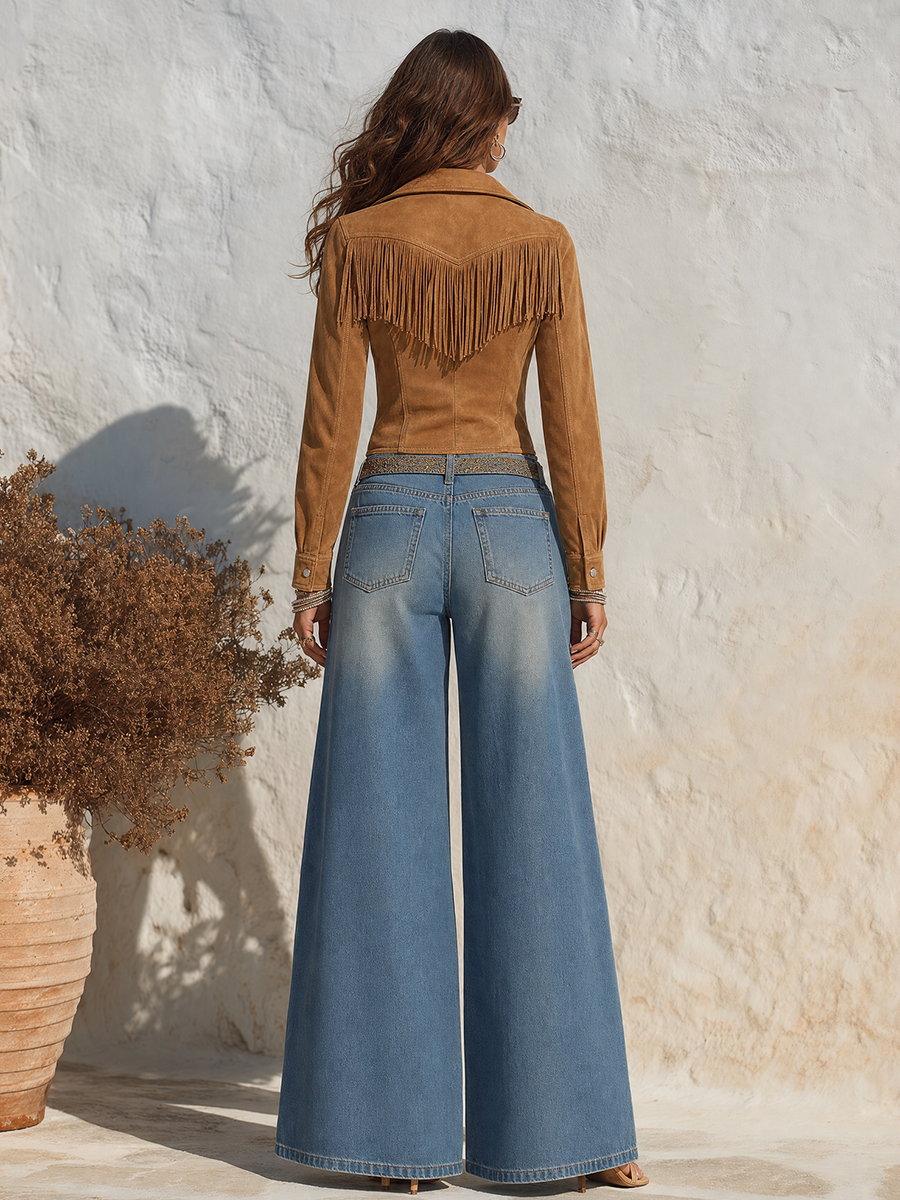 Retro Vacation-style Fringed Faux Suede Shirt Jacket