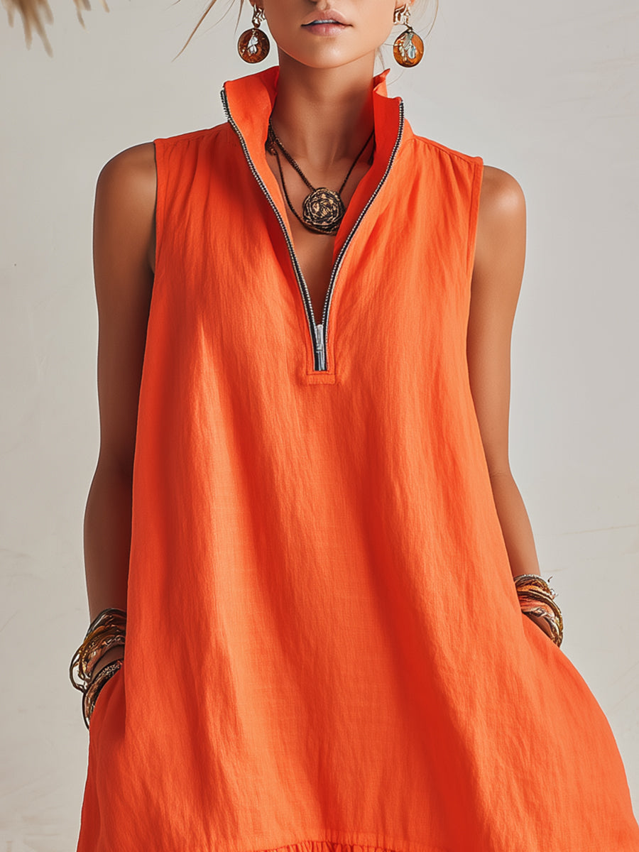 Vibrant Resort Orange Cotton Linen Half-Zip Stand Collar Ruffled Hem Mini Dress