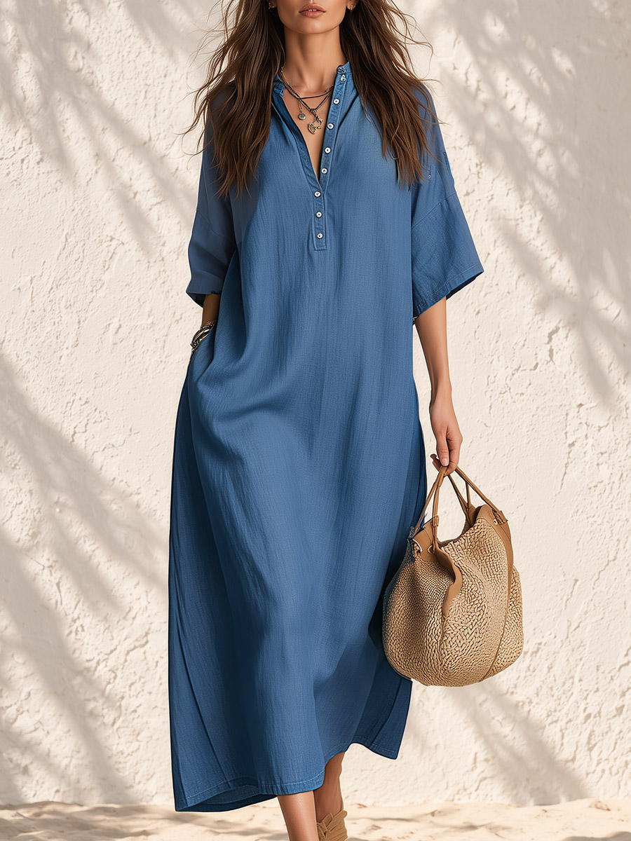 Retro Blue Tencel Denim Short-sleeved Maxi Dress