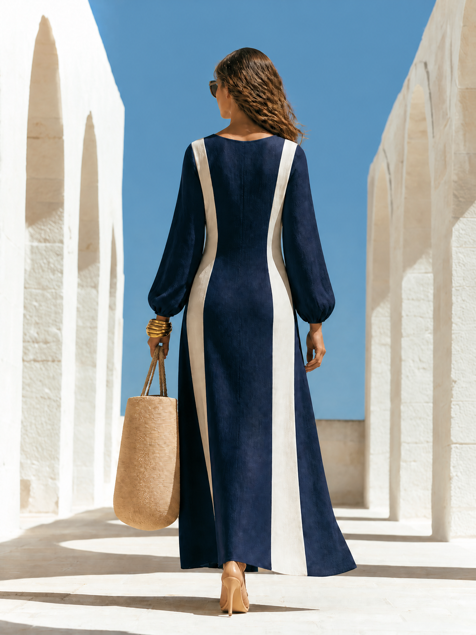 Old Money Vacation  Color-Block Square-Neck Cotton-Linen Maxi Dress